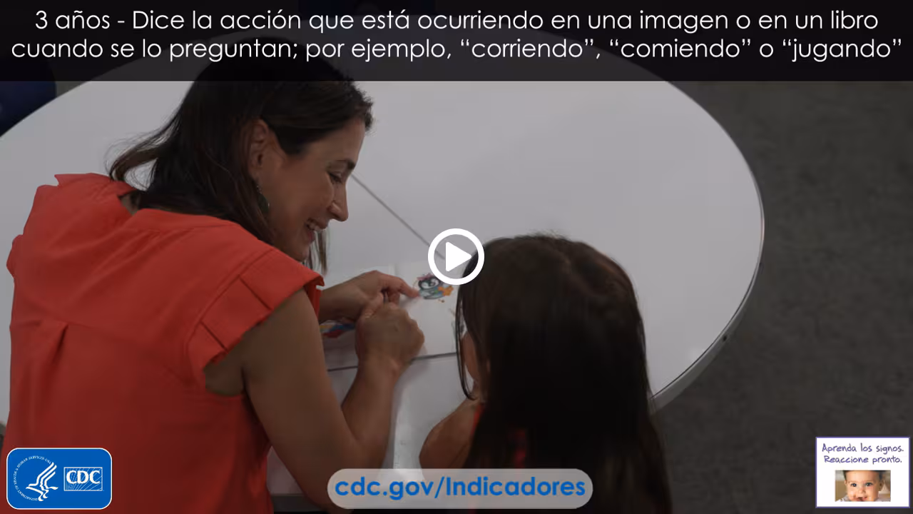 Dice la acción que está ocurriendo en una imagen o en un libro cuando se lo preguntan; por ejemplo, “corriendo”, “comiendo” o “jugando”