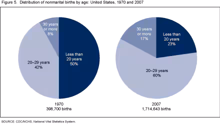 Figure 5 is a set of two pie charts showing the relative magnitude of births to unmarried women in selected age groups in relation to all births to unmarried women.