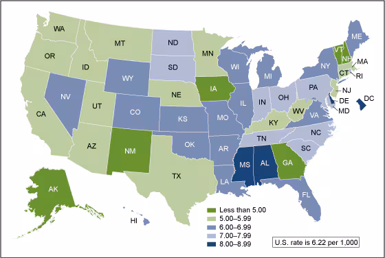 Figure 5 is a United States map showing the perinatal mortality rate by state from 2010 through 2011.