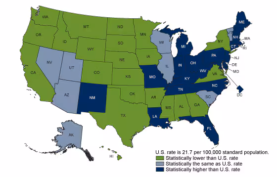 Figure 3 is a map showing age-adjusted rates drug overdose death rates by state in 2017.