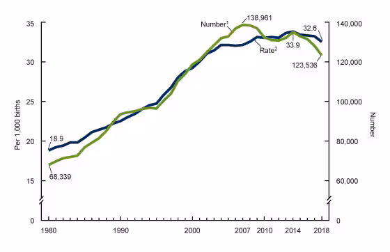 Figure 1 is a line chart showing the number and rate (y-axis) of twin births in the United States for 1980-2020 (x-axis).