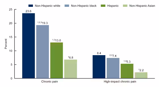 Figure 3 is a bar chart showing the percentage of adults with chronic pain and high-impact chronic pain in the past 3 months by race and Hispanic origin in 2019.