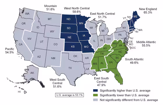 Figure 4 is a map that shows the percentage of children aged 6 months to 17 years who had an influenza vaccination in the past 12 months by region in 2019.