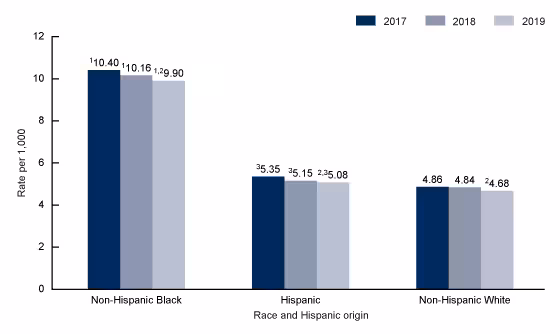 Figure 3 is a bar chart showing perinatal mortality rates by race and Hispanic origin of mother for the United States for 2017 through 2019.