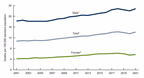 Figure 1 is a line graph showing age-adjusted suicide rates, by sex in the United States from 2001 through 2021.