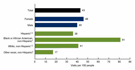  Figure 2 is a bar chart showing emergency department visit rates per 100 people by sex and race and ethnicity for 2021. 