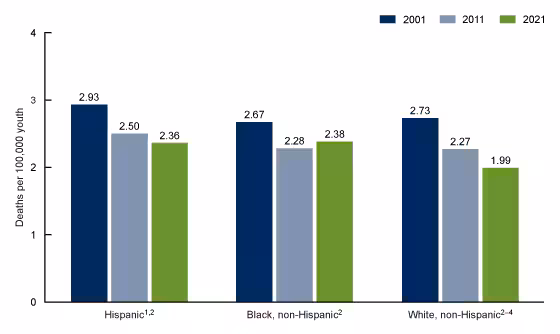  Figure 3. This is a bar chart of cancer death rates for youth ages 0–19 years by race and Hispanic origin (Hispanic; Black, non-Hispanic; and White, non-Hispanic), for the United States, 2001, 2011 and 2021. 