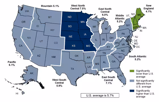 Figure 4 is the U.S. map showing the percentage of adults who lacked reliable transportation for daily living in the past 12 months, by geographic region: United States, 2022.