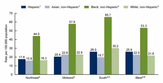 Figure 4 is a bar chart of stroke death rates for men ages 45-64 by race and Hispanic origin and region (Northeast, Midwest, South, and West) for the United States, 2022. 