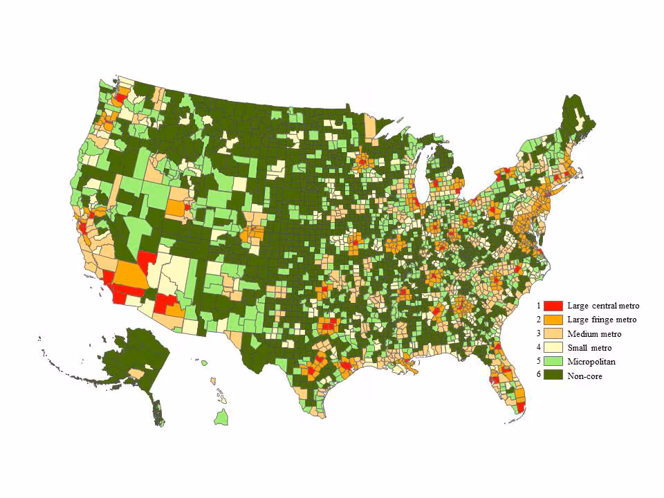 URv3 Map shows U.S. counties classified by 2013 Urban-Rural Scheme. Full list of county classifications in the linked report