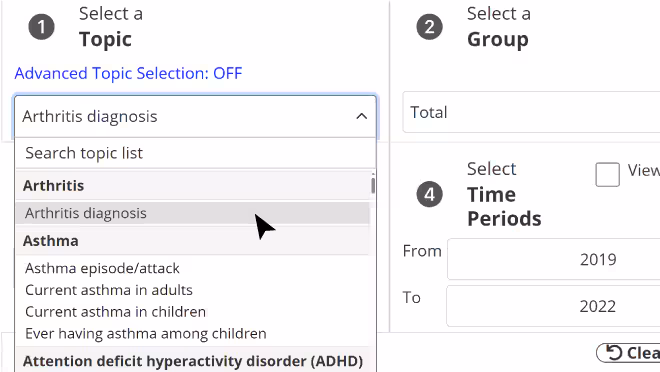 Screenshot of the dropdown list for topic selection in the Data Query System.