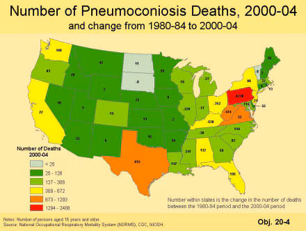 A picture of a map that contains the number of pneumoconiosis deaths for the period 2000 to 2004 by state as a color coded map with six categories of number of deaths and has the change in the number of deaths by state between the 1980 and 1984 period and the 2000 to 2004 period.