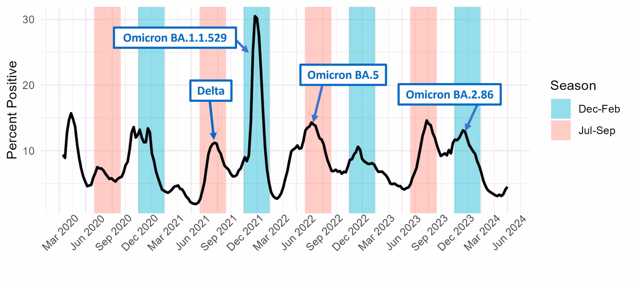 Figure showing the percentage of positive SARS-CoV-2 tests from 2020 to 2024. The pink bars are summer (Jul-Sep), and the blue bars are winter (Dec-Feb).