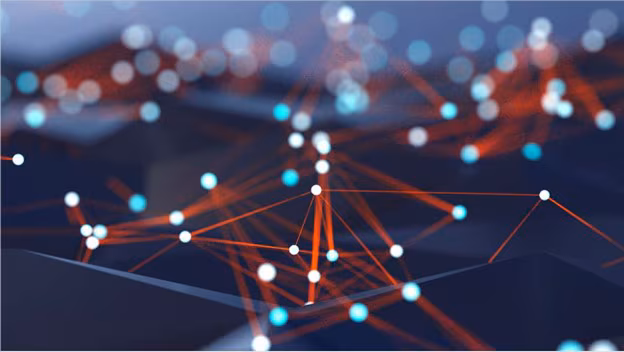 Surveillance Abstract image of white and blue nodes connected by red lines on a dark background, symbolizing networks.