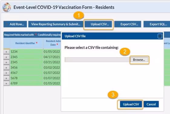 A computer screenshot showing the upload CSV section of the application for uploading reporting data. A computer screenshot showing the upload CSV section of the application for uploading reporting data.