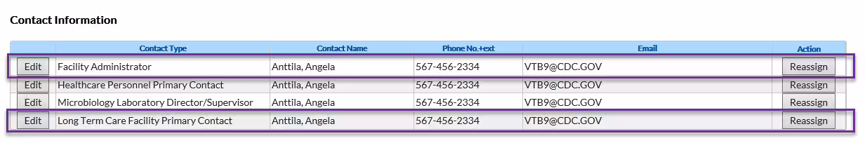 NHSN application Edit Facility, contact information webpage