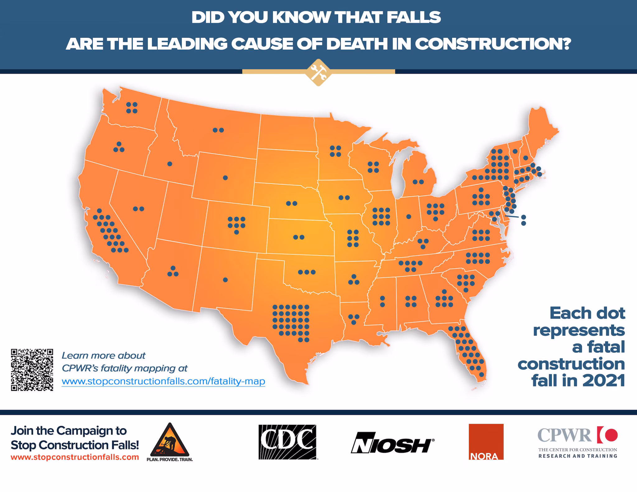 2022 Fatality Map Map showing fatal construction falls across the U.S. in 2021
