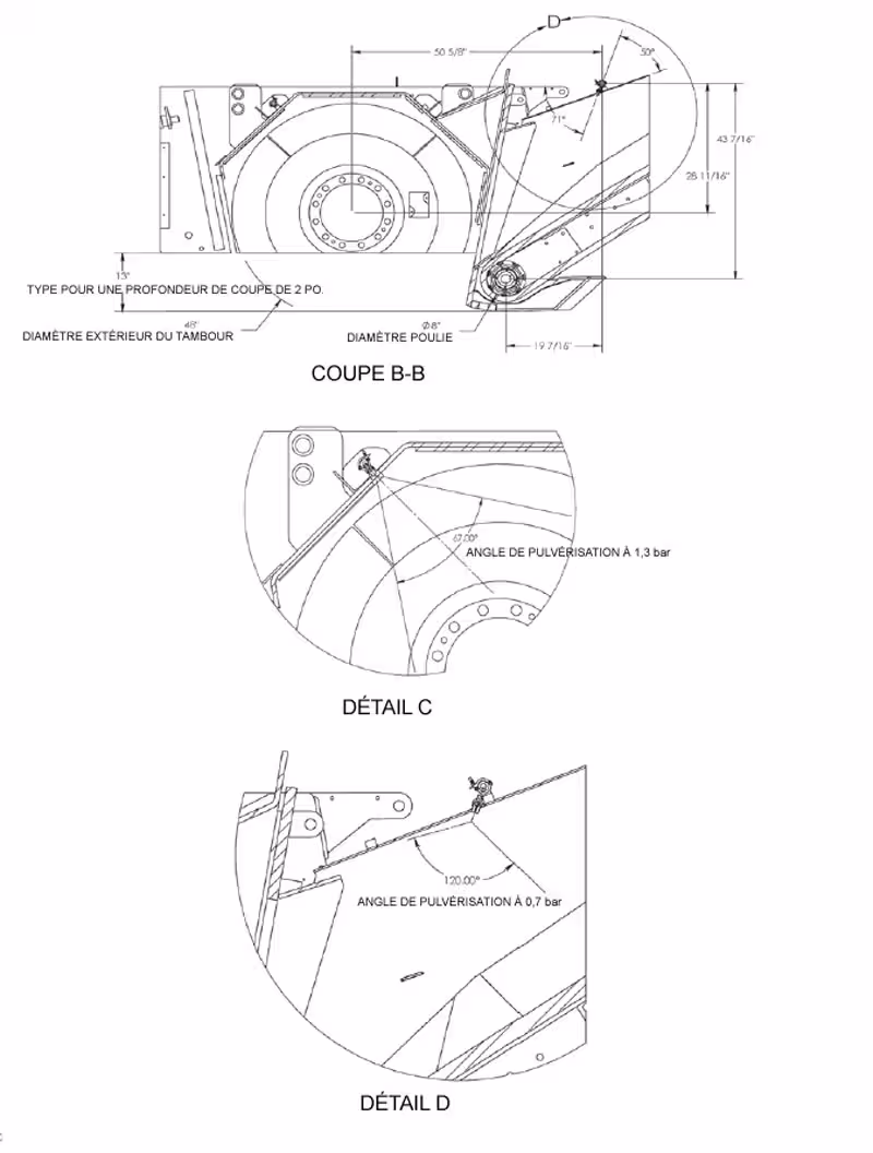 Détail D : buses en partie frontale du carter du tambour avec angle de pulvérisation de 120 degrés