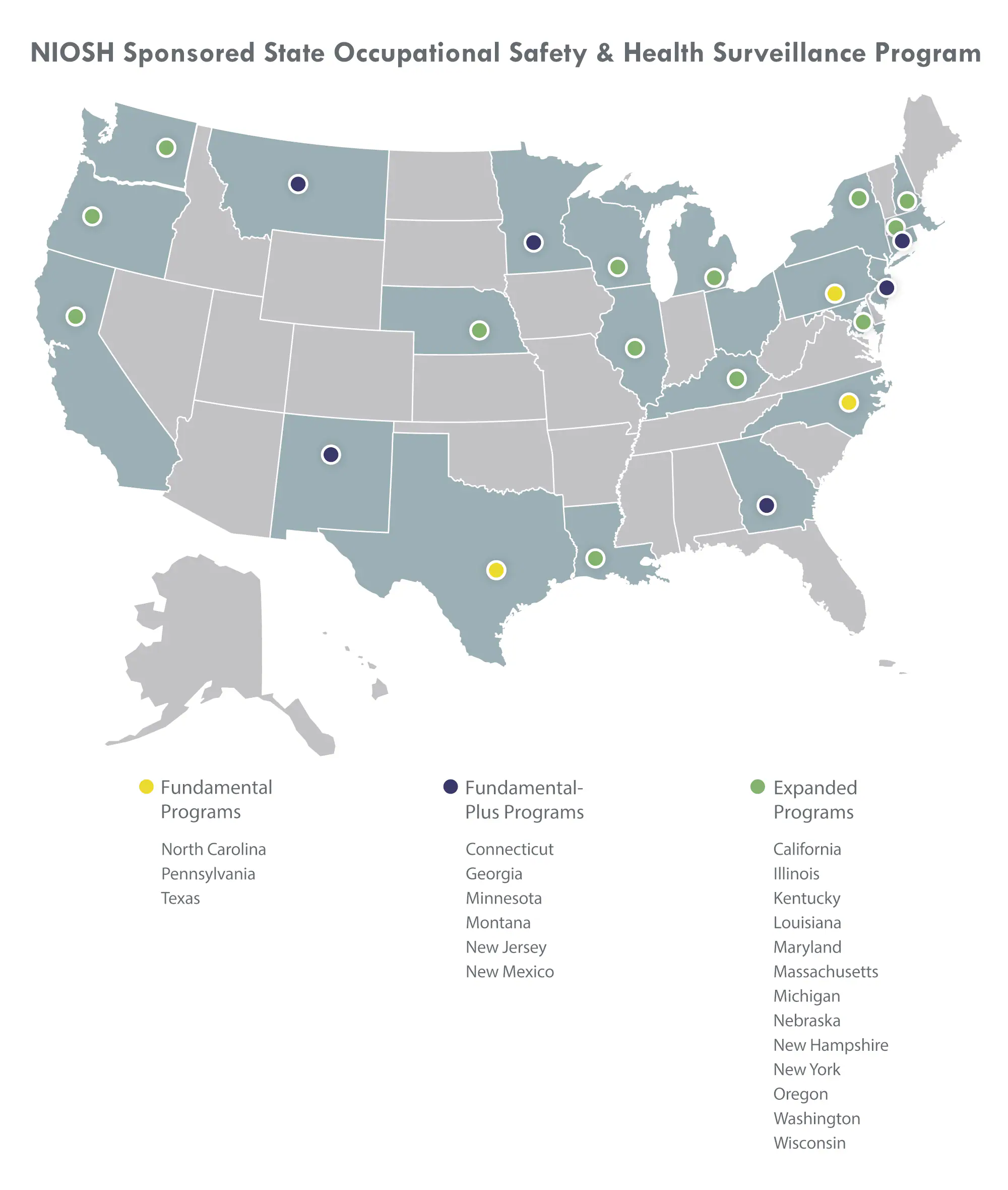 NIOSH Sponsored State Occupational Health Safety Surveillance Program 2019 Map of states participating in the NIOSH Sponsored State Occupational Health Safety Surveillance Program