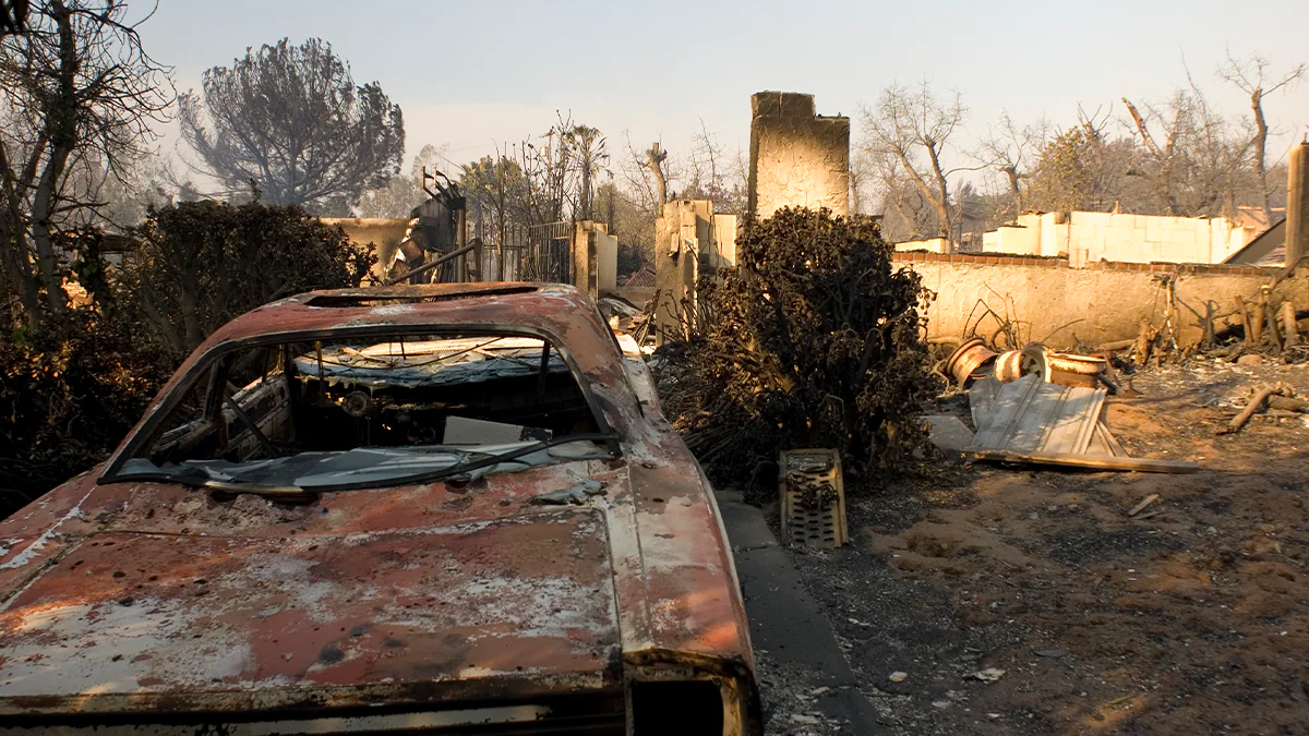Burned remains of vehicle and house after wildland fire in California. / Images/Plus