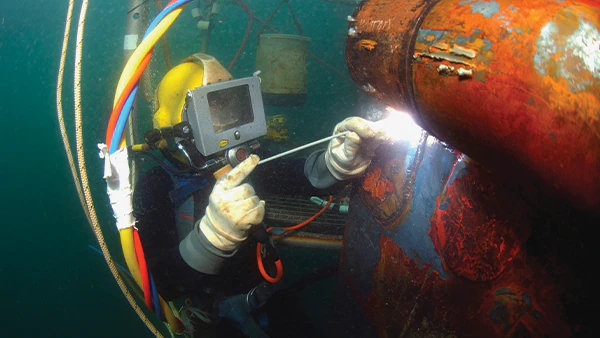 Diver welds a repair patch on the submerged bow of the USS Ogden (LPD 5) while the ship was in port at Naval Base San Diego, California. Image credit:  /  Images Plus