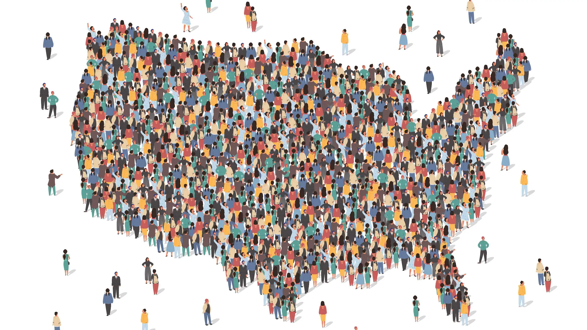 — title missing — Map of the United States filled with cartoon people covering the shape