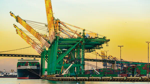 Container ship in marine terminal with cranes. Credit:  /  Images Plus