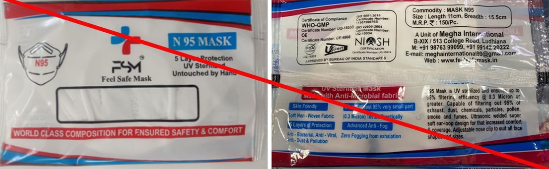 This is an example of a misrepresentation of a NIOSH approval. Megha International is marketing the Feel Safe Mask N95 in a package marked NIOSH Certification. This is an example of a misrepresentation of a NIOSH approval. Megha International is marketing the Feel Safe Mask N95 in a package marked NIOSH Certification.