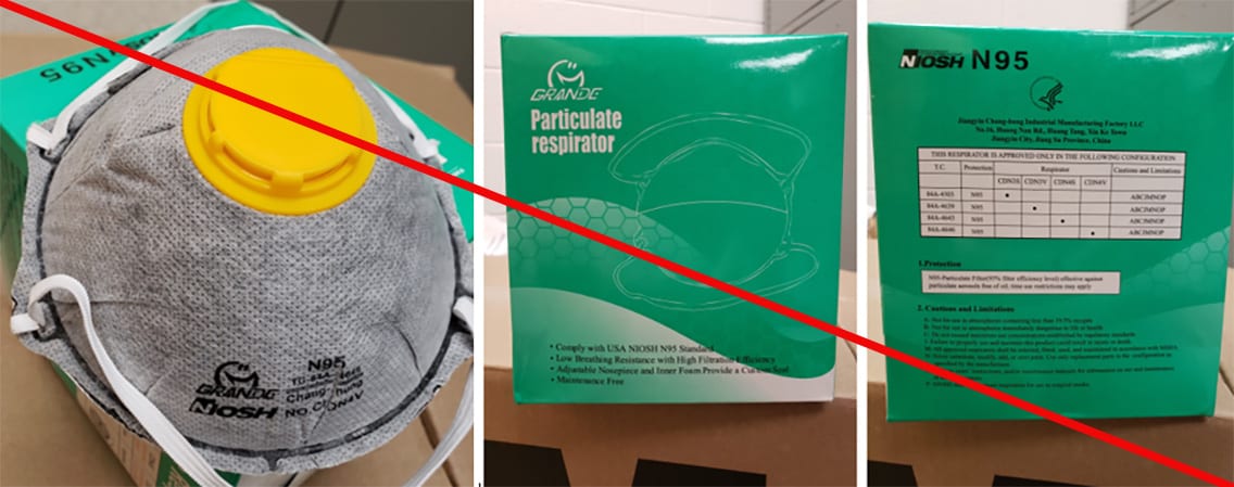 This is an example of a misrepresentation of a NIOSH-approved product. Products made by Jiangyin Chang-hung Industrial or labeled GRANDE are NOT NIOSH approved. None of the numbers listed on this packaging, TC-84A-4503, -84A-4639, -84A-4643, -84A-4646, are a valid NIOSH approval number. (5/14/2020) This is an example of a misrepresentation of a NIOSH-approved product. Products made by Jiangyin Chang-hung Industrial or labeled GRANDE are NOT NIOSH approved. None of the numbers listed on this packaging, TC-84A-4503, -84A-4639, -84A-4643, -84A-4646, are a valid NIOSH approval number. (5/14/2020)
