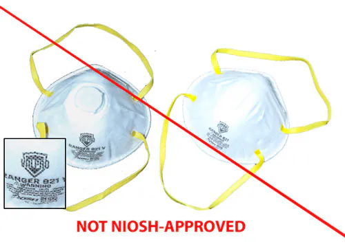 Figure 7 is an example of two counterfeit respirators. Valpro Safety is selling the Ranger 821 and Ranger 821V respirators using the 3M approval number (TC-84A-007) and label without 3M's permission. (6/19/19) Figure 7 is an example of two counterfeit respirators. Valpro Safety is selling the Ranger 821 and Ranger 821V respirators using the 3M approval number (TC-84A-007) and label without 3M's permission. (6/19/19)