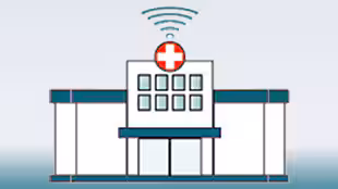 Hospital Round Wifi Icon of a Hospital with a Round Wifi signal above