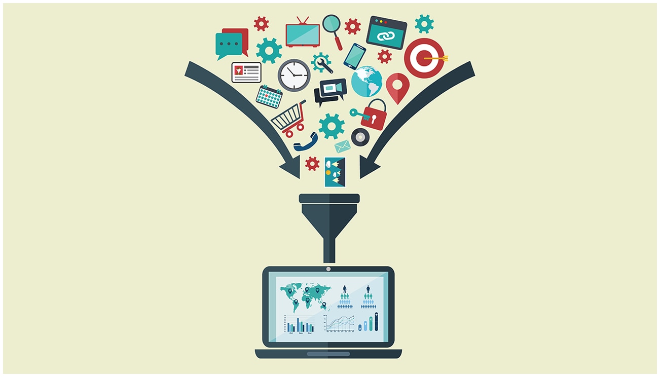 Data quality filters Graphic showing information symbols filtering through a funnel into a computer