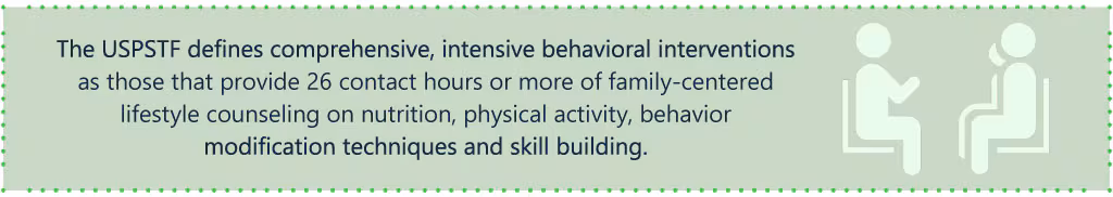 The USPSTF defines comprehensive, intensive behavioral interventions as those that provide 26 contact hours or more of family-centered lifestyle counseling on nutrition, physical activity, behavior modification techniques and skill building. The USPSTF defines comprehensive, intensive behavioral interventions as those that provide 26 contact hours or more of family-centered lifestyle counseling on nutrition, physical activity, behavior modification techniques and skill building.