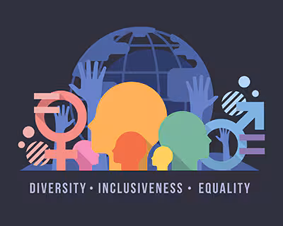 Abstract image with the words, Diversity, Inclusiveness, Equality. An equal sign and raised hand symbol on a globe background