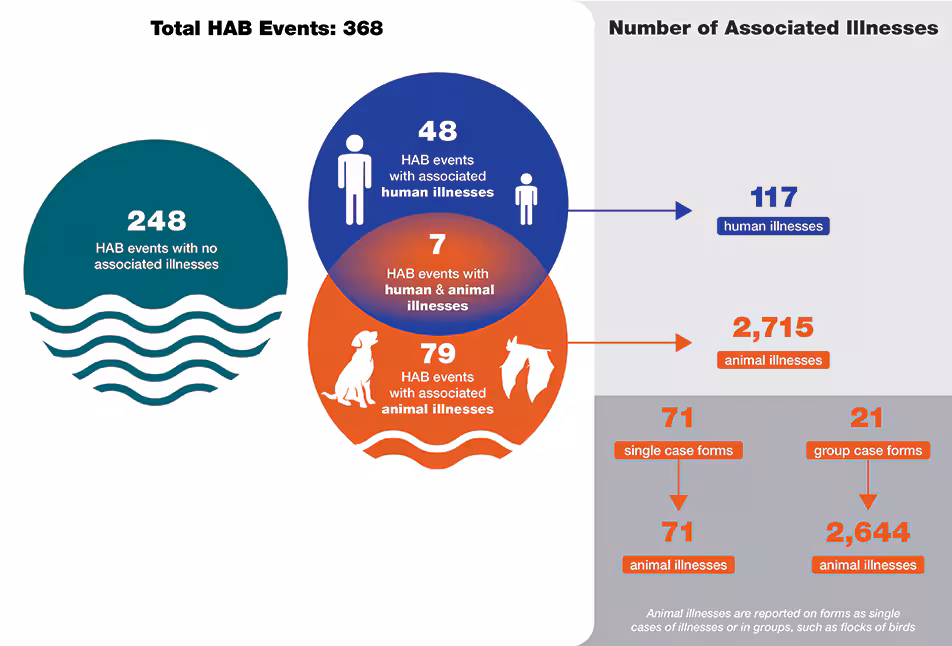 Total HAB Events: 368, 248 not associated with illness, 48 with human illnesses, 79 with animal illnesses, 7 with both. Number of associated illnesses: 117 human, 2715 animal.