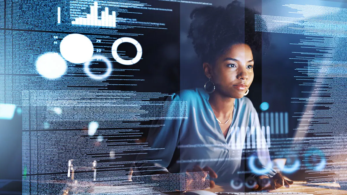 woman on holographic computer screen woman on holographic computer screen