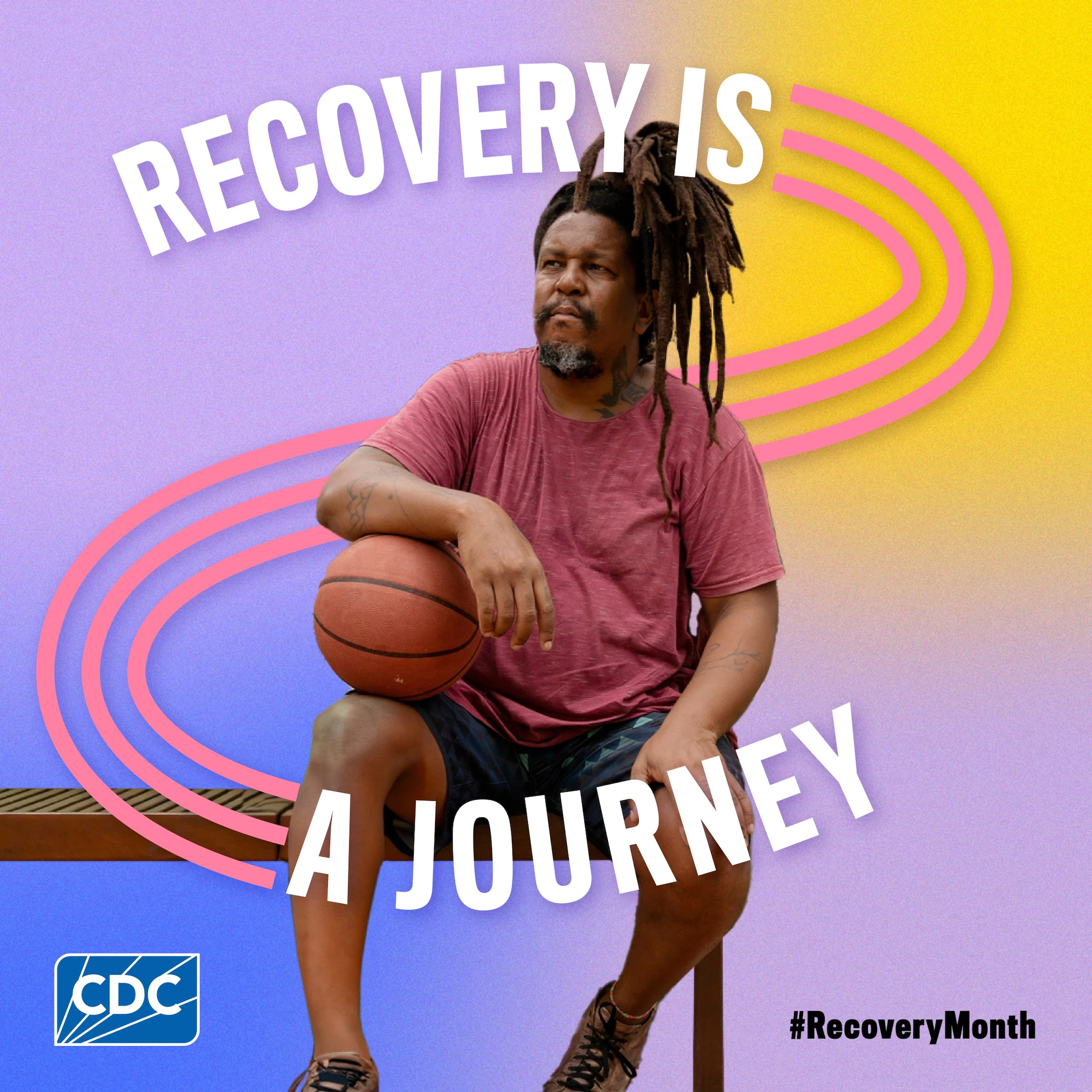 RecoveryIsaJourney (IG/FB) Image of person on a multi-colored background with text surrounding them that says "Recovery Is A Journey"