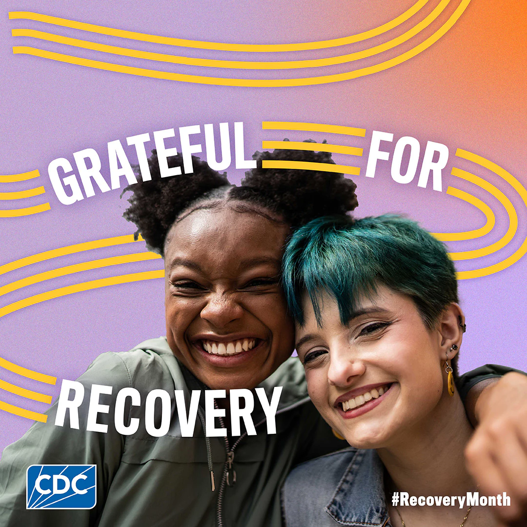 GratefulForRecovery (IG/FB) Image of two people on a multi-colored background with text surrounding them that says "Grateful For Recovery"