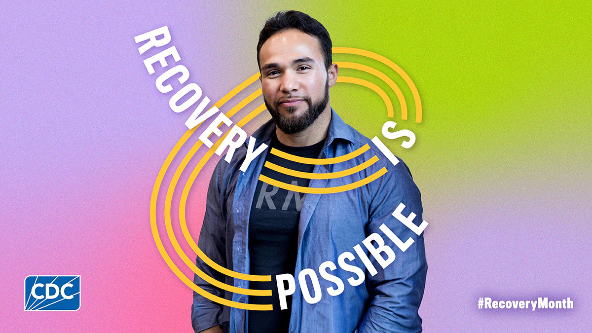 RecoveryIsPossible Image of person on a multi-colored background with text surrounding them that says "Recovery Is Possible"