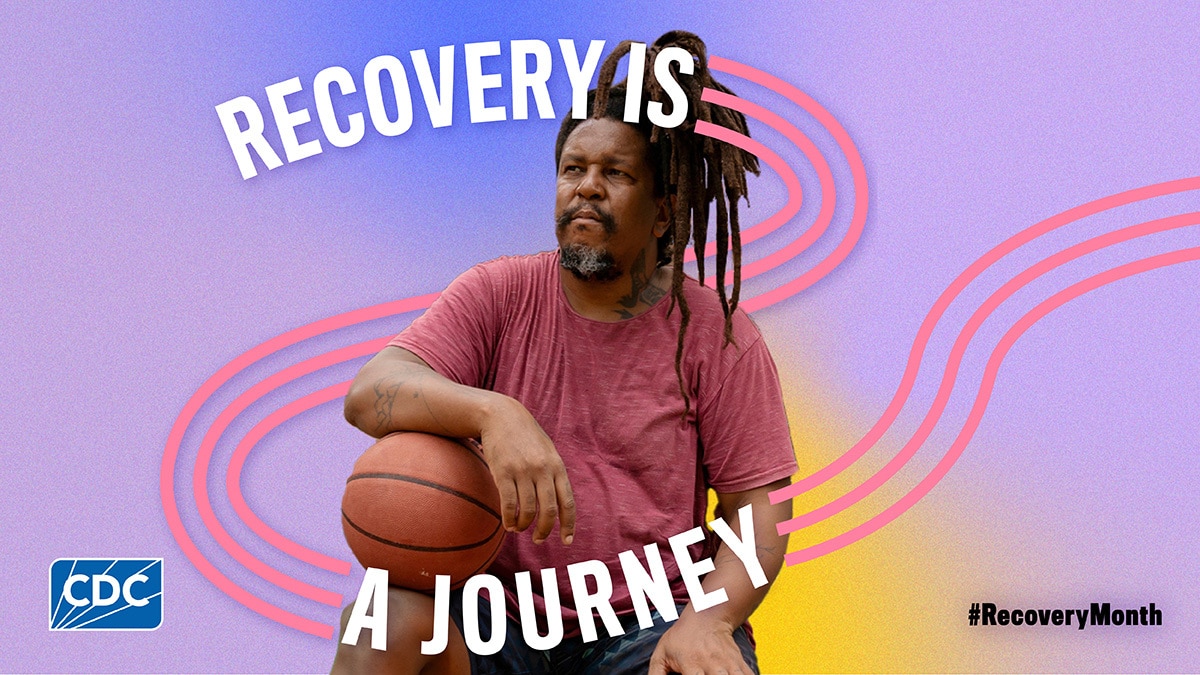 RecoveryIsaJourney Image of person on a multi-colored background with text surrounding them that says "Recovery Is A Journey"