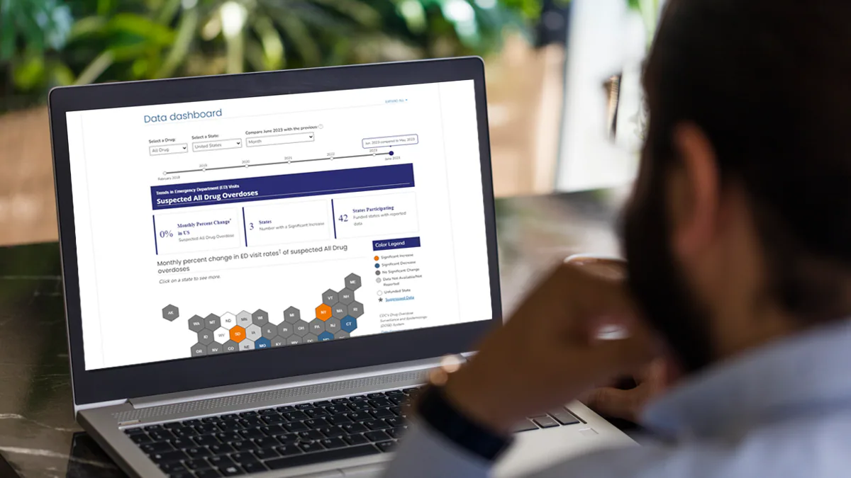 DOSE Dashboard Thumbnail Man looking at DOSE dashboard on laptop computer.