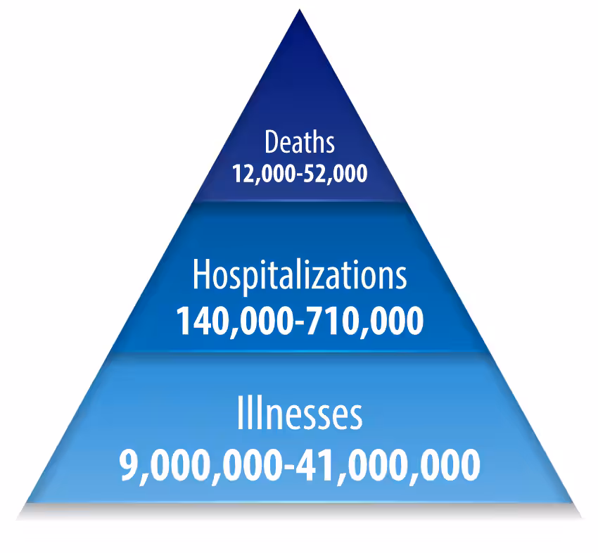 Flu_Burden_Triangle Each year, influenza causes millions of illnesses, hundreds of thousands of hospitalizations, and tens of thousands of deaths.