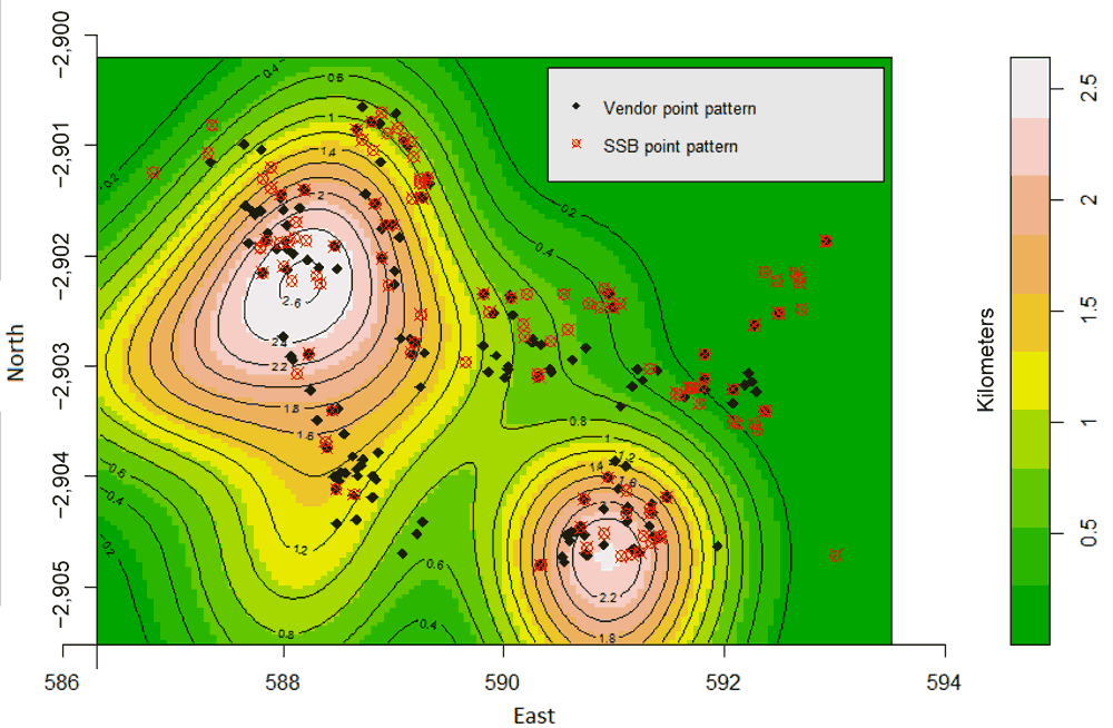 14_0559_02.gif Kernel density and contour plots of school point pattern overlayed on vendor and sugar-sweetened beverage point patterns, Soweto, South Africa, 2013.