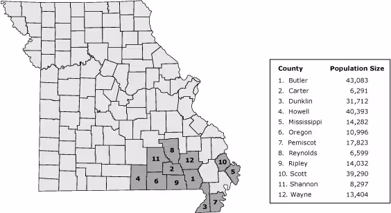 14_0593_01.gif Counties in the Healthier Missouri Communities partnership and US Census Bureau population estimates for each county