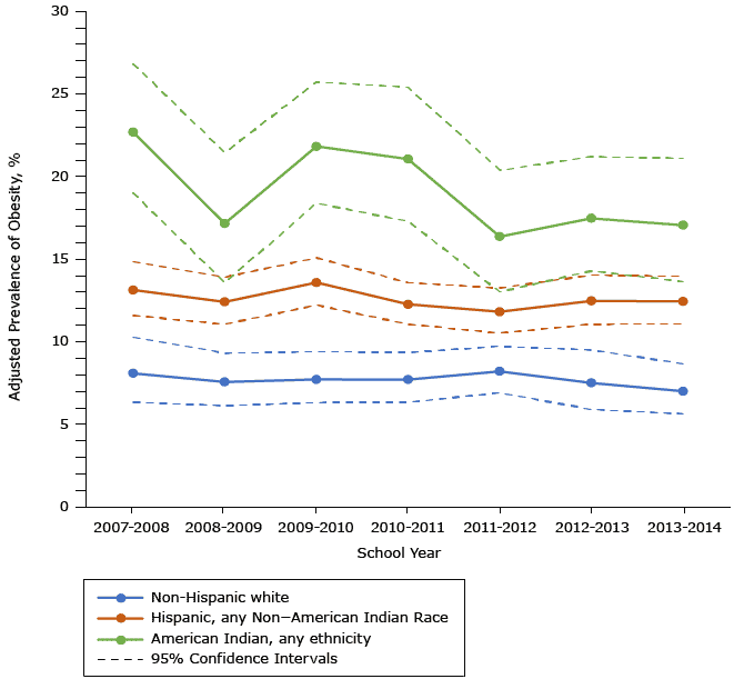 Adjusted annual prevalence of obesity, by race/ethnicity and school year, in a sample of kindergarten students in an Urban School District in the Southwestern United States, 2007–2014. Data adjusted for sex, free- or reduced-price lunch status, disability status, measurement date, and clustering by school.