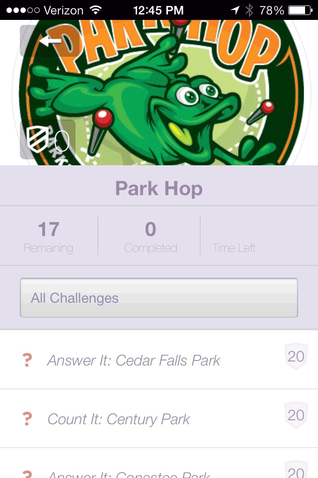 16_0043_04.gif Screenshot of the list of parks included in the scavenger hunt, Park Hop mobile app, Greenville County, South Carolina, 2014.