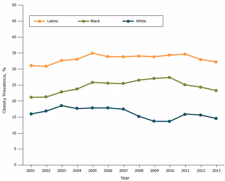 Obesity prevalence among fifth-grade students, by race/ethnicity, Los Angeles Unified School District, California, 2001–2013. Throughout the study period, obesity prevalence was lowest among white students, second lowest among black students, and highest among Latino students.