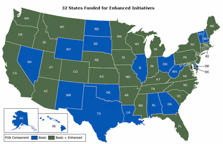 16_0437_02.gif A map illustrating the level of award states received for the State Public Health Actions cooperative agreement.