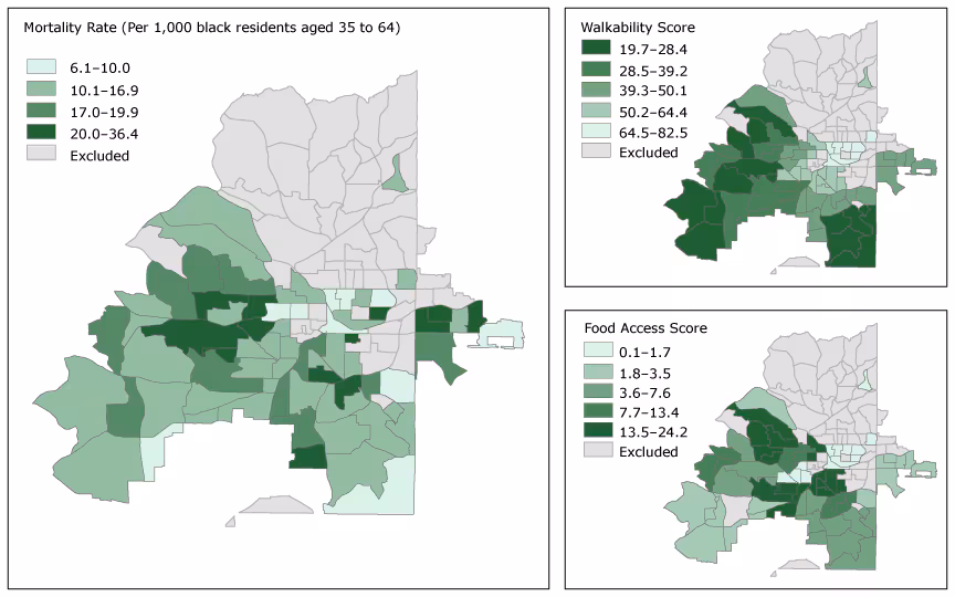 17_0220_02 Premature cardiovascular disease (CVD) mortality rate, walkability score, and food access score among black residents, Atlanta, Georgia, 2010–2014. Walkability score is on a scale of 0 to 100, and a higher walkability score indicates worse walkability. Food access scores range from 0 to 100, and a low score indicates better food access. Premature CVD mortality rates are presented in quintiles; these mortality rate categories are common to both Figure 1 and Figure 2 so the maps can be directly compared. Food access scores and walkability scores are presented in quintiles; these categories are also common to both Figure 1 and Figure 2 so the maps can be directly compared.