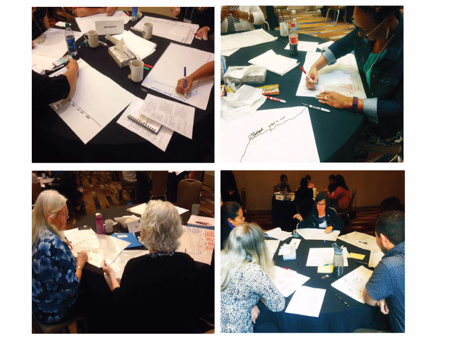 17_0254_02.gif Photographs of maternal and child health practitioners and partners working on behavior over time graphs at the National Maternal and Child Health Workforce Development Center’s 2016 Skills Institute.